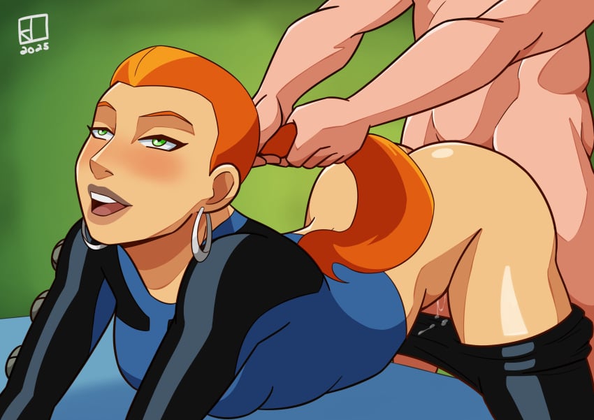 1boy 1girls alternate_version_available ass ben_10 ben_10_(classic) big_ass doggy_style earrings female from_behind future_gwen future_gwen_(ken_10) green_eyes gwen_tennyson hair_grab hornyjaillifer male orange_hair penetration ponytail ponytail_hold pussy_juice pussy_juice_drip sex