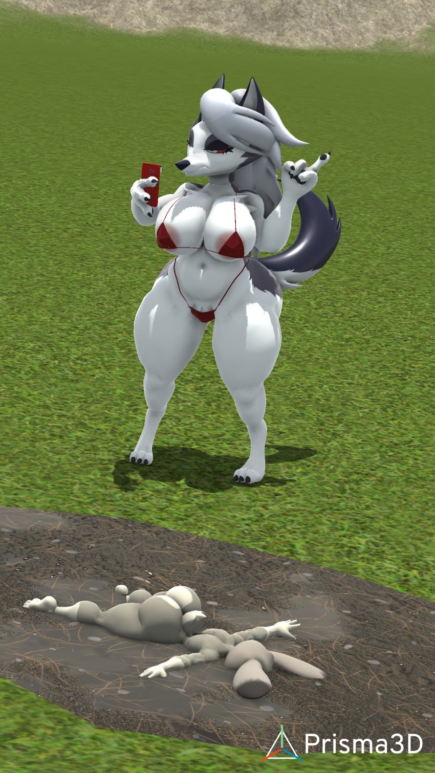 3d_(artwork) absurd_res angry anthro ass ass_up bikini canid canine canis clothing digital_media_(artwork) disney djfnansl drop duo electronics female female/female genitals gesture hand_gesture hellaverse helluva_boss hi_res judy_hopps lagomorph leporid loona_(helluva_boss) mammal micro_bikini middle_finger mud phone prisma3d rabbit short_anthro simple_background swimwear two-piece_swimsuit vulva wolf zootopia