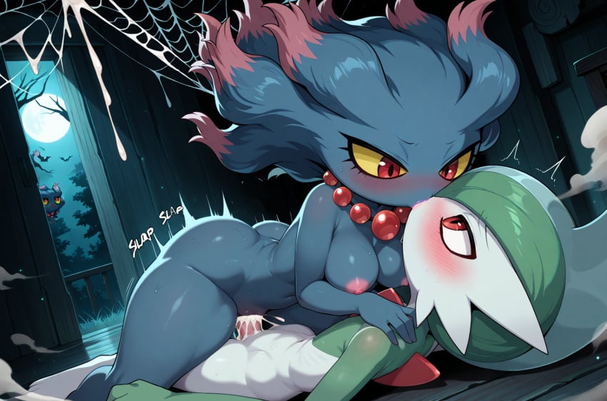 1girls ai_generated anthrofied bluish_green_hair breast dark_blue_hair dark_green_hair eye_contact female gallade ghost ghost_girl haunted_house holding_ass kissing kissing_while_penetrated misdreavus moonlight multicolored_hair necklace night nintendo nipples petite petite_body petite_female pink_hair pokemon pokemon_(species) red_eyes red_necklace small_breasts spiderweb watching yellow_sclera