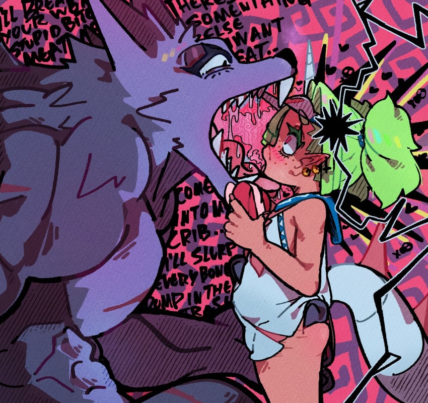 1boy breathing female furry green_hair hat horn kurosu169 markings muscular_male nosebleed open_mouth scar shortstack size_difference tagme tail teeth text werewolf
