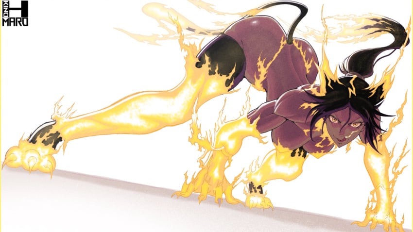 1girls all_fours ass big_breasts black_hair bleach breasts cat_ears cat_girl curvy_female dark-skinned_female female female_only fighting_stance kinohmaro lightning shihouin_yoruichi solo thick_ass tongue_out