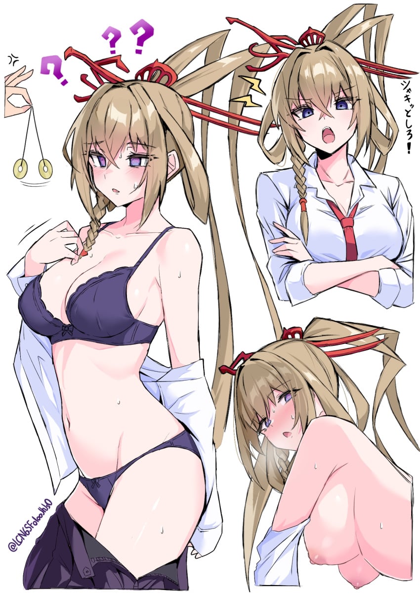 @_@ blonde_hair blue_bra blue_hair blue_panties blush bra braid breasts commentary_request crossed_arms empty_eyes hair_ornament hair_rings highres kobayashi_macchan masamune_(monster_strike) mind_control monster_strike multiple_girls navel nipples open_mouth panties pendulum shirt sweat thighs underwear undressing white_shirt