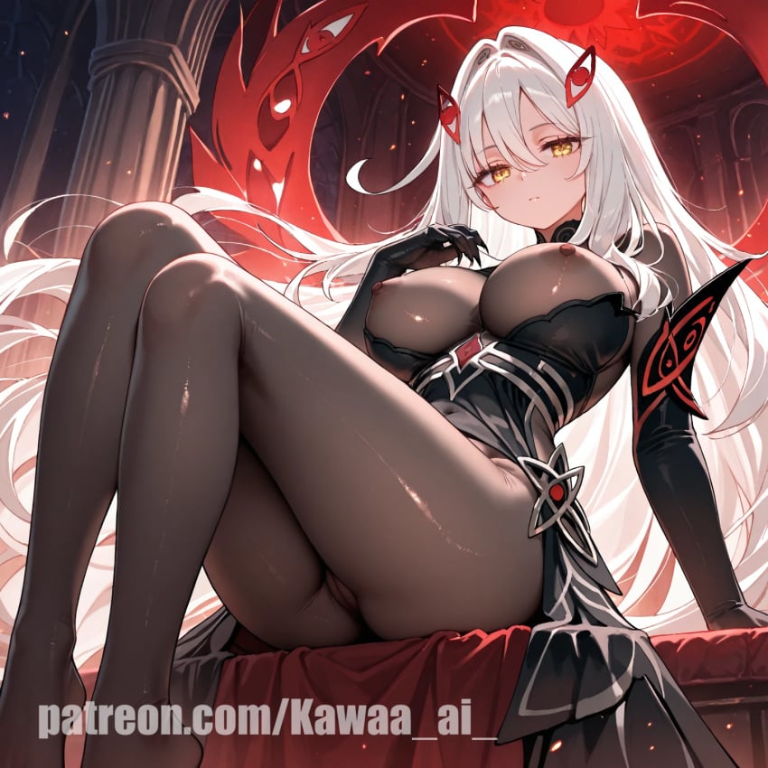 ai_generated arms_behind_back black_dress clothed dress expressionless eyelashes genshin_impact hair_ornament kawaa_ai legs looking_at_viewer nipples posing posing_for_the_viewer pussy ronova_(genshin_impact) room white_hair yellow_eyes