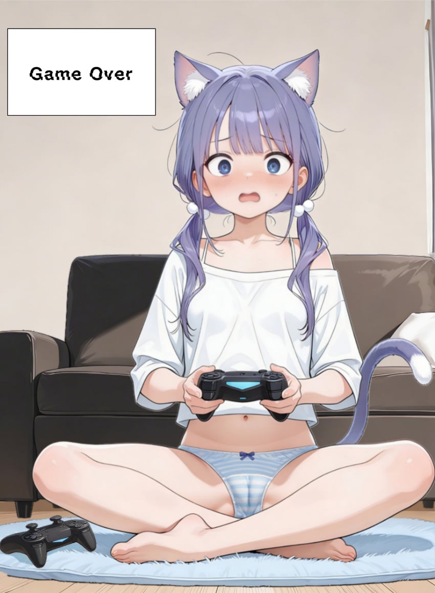 ai_assisted amazed baggy_shirt bangs blue_eyes blue_panties blush cameltoe cat_ears cat_girl cat_tail dialogue_box front_view hair_ornament living_room long_hair lotus_position nekomimi open_mouth panties_only petite petite_body petite_female playing_videogame purple_hair ribbon_panties scared showing_belly sifoda sitting_on_floor small_breasts striped_panties thin_female thin_thighs twintails video_game_controller
