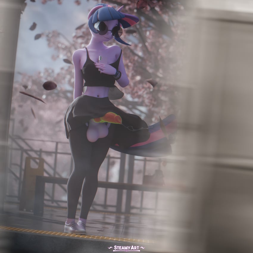 3d_(artwork) absurd_res animal_genitalia animal_penis anthro ball biped bodily_fluids bottomwear breasts canine_genitalia canine_penis clothed clothing detailed_background digital_media_(artwork) equid equine eyewear fingers footwear friendship_is_magic ftg_crossgender fti_crossgender genital_fluids genitals gynomorph hair hasbro hi_res horn intersex knot mammal multicolored_hair my_little_pony mythological_creature mythological_equine mythology navel outside penis precum pupils rule_63 shirt shoes skirt smile solo steamyart sunglasses thick_thighs topwear twilight_sparkle_(mlp) unicorn wide_hips