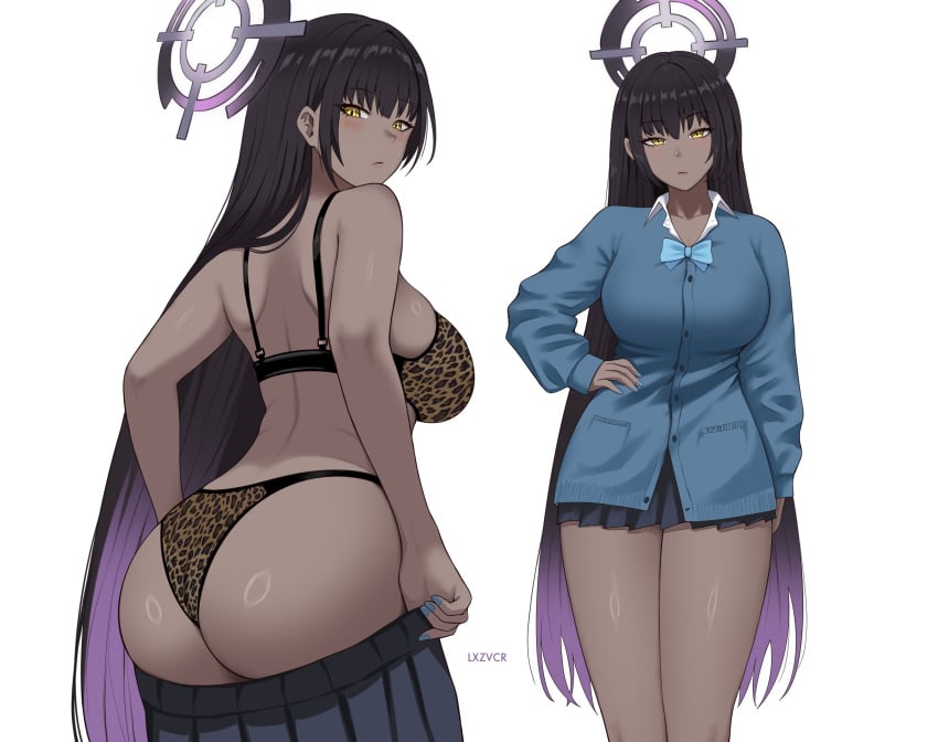 1girls absurdres animal_print artist_name ass black_bra black_hair black_panties blue_archive blue_bow blue_bowtie blue_cardigan blue_shirt blue_skirt bow bowtie bra breasts cardigan closed_mouth clothes_pull collar commentary english_commentary female female_only from_behind gradient_hair halo hand_on_hip hand_on_own_hip highres karin_(blue_archive) karin_(school_uniform)_(blue_archive) large_breasts lazier leopard_print leopard_print_bra leopard_print_panties light_blush light_frown long_hair long_sleeves looking_at_viewer looking_back miniskirt multicolored_hair multiple_views panties pleated_skirt print_bra print_panties purple_hair ring_light_reflection school_uniform shirt sideboob simple_background skirt skirt_pull sleeves_past_wrists turning_head underwear undressing very_long_hair white_background white_collar yellow_bra yellow_eyes yellow_panties