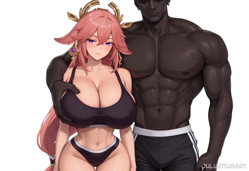 1boy abs ai_generated animal_ears bangs bare_shoulders black_bra black_panties black_pants blush bra breast_grab breasts cleavage closed_mouth collarbone cowboy_shot dark-skinned_male dark_skin earrings female fox_ears grabbing hair_between_eyes hair_ornament head_out_of_frame huge_breasts interracial jewelry juliatitusart large_breasts long_hair looking_at_viewer low-tied_long_hair muscular muscular_male navel panties pants pectorals pink_hair purple_eyes simple_background smile sports_bra sportswear stomach straight thigh_gap thighs topless_male underwear veins very_long_hair white_background yae_miko
