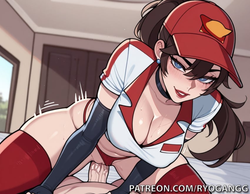 1female 1girls 2d 2d_(artwork) ai_generated baseball_cap big_breasts blue_eyes breasts brown_hair cleavage cleavage_cutout female fucking high_resolution highres large_breasts large_tits league_of_legends light-skinned_female light_skin patreon patreon_username pizza_delivery_girl pizza_delivery_sivir ponytail red_underwear ryogangg sex sivir thighhighs thighs thong uniform uniform_female work_clothes work_uniform