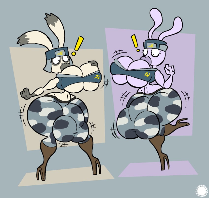 4_fingers aliasing anthro artist_logo artist_name big_breasts big_bulge boots boris_(usavich) bottomwear breast_expansion breasts bulge bulge_expansion camo camo_bottomwear camo_clothing camo_pants camo_print clothing communism countershade_ears countershade_hands countershading crop_top crossbar_emanata curvy_figure detailed_bulge digital_media_(artwork) duo emanata exclamation_point expansion eyelashes fingers footwear fur futa_only futanari geometric_background gynomorph hammer_and_sickle hand_on_own_breast hat headgear headwear hi_res high_heeled_boots high_heels hip_expansion huge_breasts huge_bulge hyper hyper-thin_waist hyper_bulge hyper_lips intersex knee_boots knee_highs kopchev_(usavich) lagomorph legwear leporid lip_expansion lips logo mammal midriff navel pants pattern_bottomwear pattern_clothing pattern_pants politics purple_body purple_fur rabbit shirt shoes signature simple_background small_waist spherical_breasts text thatdawgmurray thick_lips thick_thighs thigh_expansion thong_straps topwear usavich ushanka wasp_waist white_body white_fur wide_hips