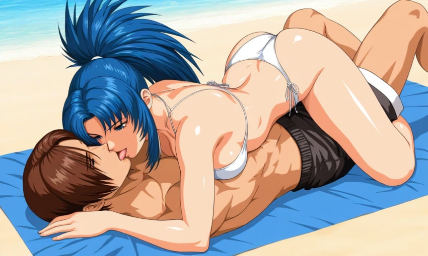 ai_generated couple couple_(romantic) king_of_fighters kissing kof kyo_kusanagi leona_heidern the_king_of_fighters woman_on_top