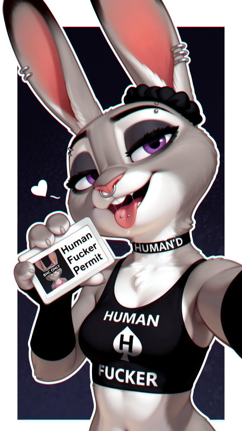 1girls 2026 2d absurd_res absurdres ai_generated anthro athletic_female barbell_piercing bedroom_eyes big_ears black_choker black_clothing black_eyeshadow black_gloves black_scrunchie border buckteeth censored_eyes chest_tuft choker chromatic_aberration clothed clothing crop_top dark_background director_joe420 disney dripping ear_piercing ear_scrunchie ears_up english_text eyebrow_piercing eyeliner facial_piercing film_grain fingerless_gloves furry furry_female gloves goth gothic grey_fur handwear head_tilt heart hi_res high_resolution highres human_fetish humaned id_card illustrious_(stable_diffusion) judy_hopps logo_on_clothes long_ears long_eyelashes looking_at_viewer makeup midriff multicolored_body multicolored_fur narrowed_eyes navel nose_piercing nose_ring outstretched_arm pink_clothing pink_scrunchie pink_tank_top purple_eyes rabbit rabbit_ears rabbit_girl ring_piercing saliva saliva_drip saliva_string self_upload selfie simple_background small_breasts smile smiling_at_viewer solo solo_anthro solo_female spade stable_diffusion stud_piercing teeth text text_on_choker text_on_clothing text_on_topwear thick_eyelashes thick_outline tongue tongue_out tongue_piercing tuft two-tone_body two-tone_fur white_border white_fur white_outline zootopia