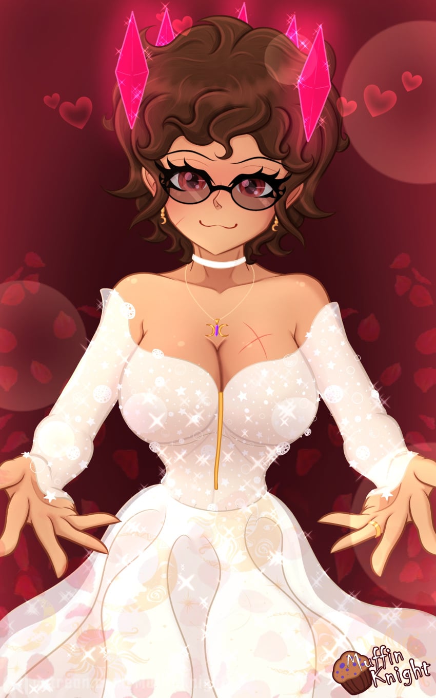 1girls athletic_female brown_hair cleavage crystals dress floating_crystals heart hourglass_figure large_breasts moon_symbol muffinknight patreon patreon_username reaching_out reaching_towards_viewer red_eyes scar scar_on_breast scar_on_face shiny_dress short_hair shoulderless_dress smiling smiling_at_viewer star_(muffinknight) symbols_on_clothing symbols_on_dress valentine's_day wedding_dress white_dress wide_hips