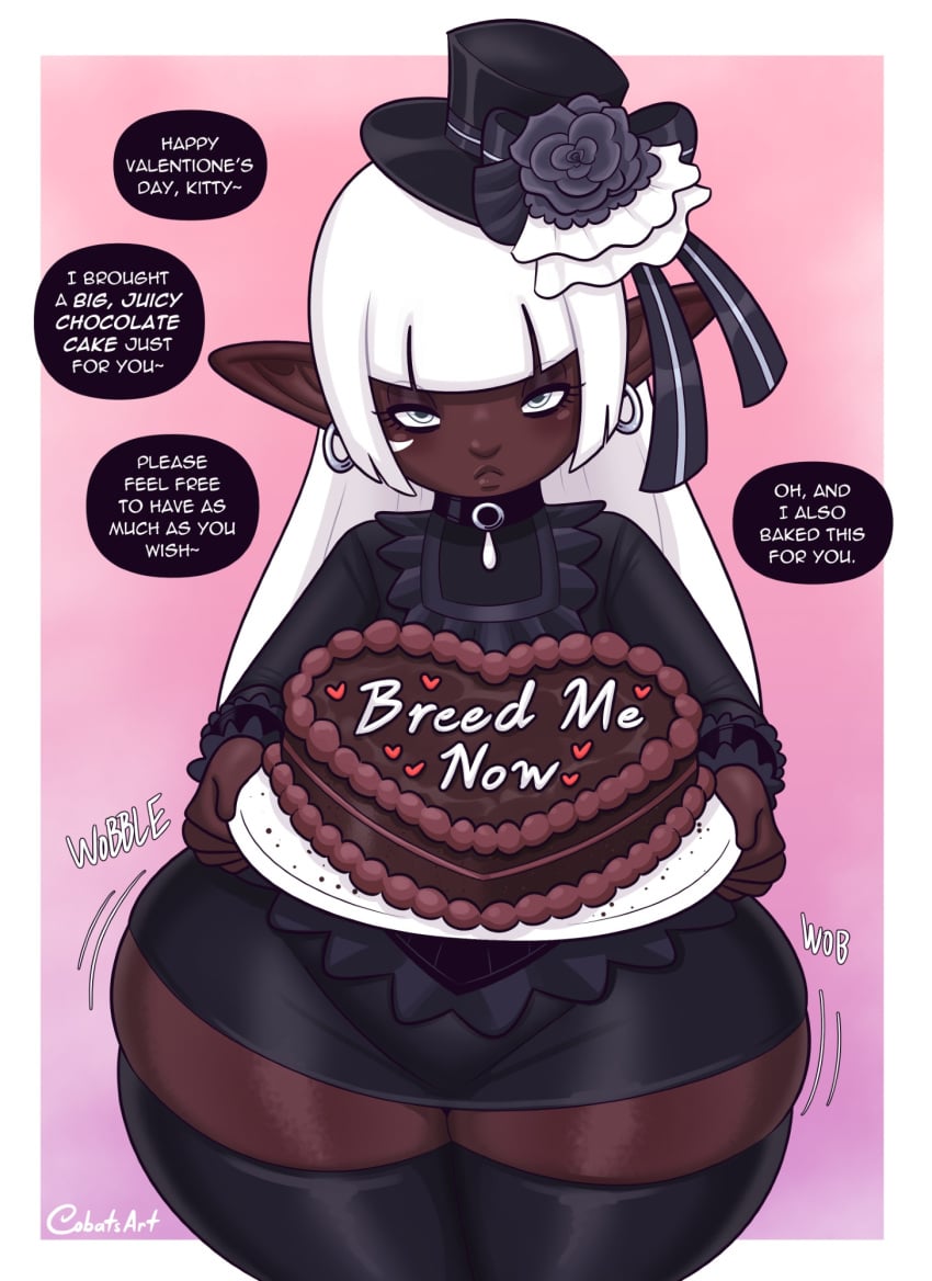 1girls bangs black_thighhighs bottom_heavy cake cobatsart dark-skinned_female dark_skin dialogue earrings english_text female female_only final_fantasy final_fantasy_xiv hat hi_res lalafell large_thighs long_hair looking_at_viewer mary_muffin_(cobatsart) narrowed_eyes original pointy_ears shortstack solo speech_bubble talking_to_viewer thick_thighs thighhighs top_hat valentine's_day white_eyes white_hair