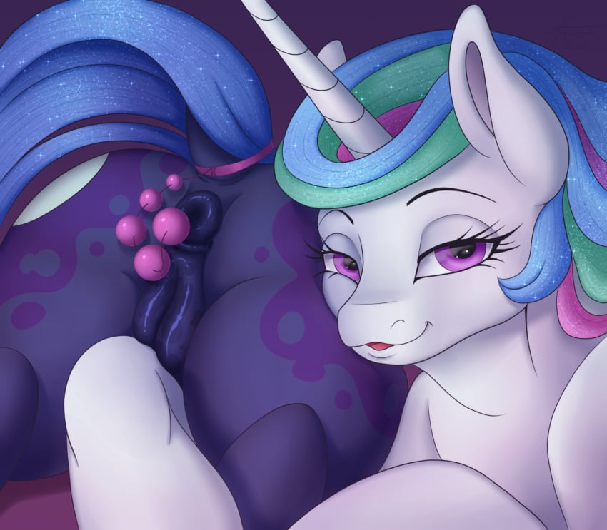 2017 absurd_res alicorn anal_beads anus ass blue_fur blue_hair cosmic_hair dock duo equine female feral friendship_is_magic fur hair half-closed_eyes hi_res horn icariusunlimited incest looking_at_viewer mammal multicolored_hair my_little_pony nightmare_moon_(mlp) open_mouth plump_labia presenting presenting_anus presenting_pussy princess_celestia_(mlp) princess_luna_(mlp) purple_eyes pussy raised_tail sex_toy sibling simple_background sisters smile toy white_fur wings