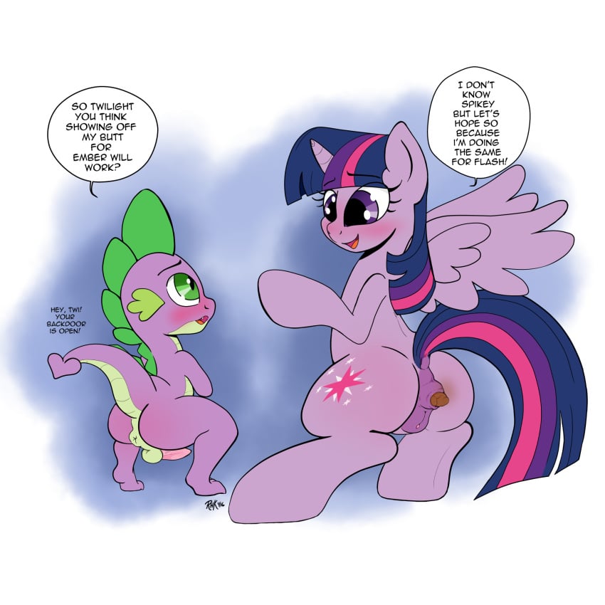 alicorn anus backsack backside balls blush clitoris dialogue dragon duo english_text equine erect feces female feral friendship_is_magic fur green_eyes green_scales horn male mammal my_little_pony open_mouth penis purple_fur purple_scales pussy rhk scales scalie scat small_balls small_penis speech_bubbles spike_(mlp) tapering_penis text twilight_sparkle_(mlp) wings