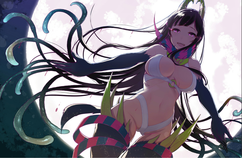 1girls ane_naru_mono black_hair blush breasts chiyo_(ane_naru_mono) cleavage curvaceous demon female female_only full_cleavage full_moon glowing glowing_eyes heart heart-shaped_pupils horns large_breasts long_hair looking_at_viewer monster moon navel open_mouth original pochi_(pochi-goya) pointy_ears purple_eyes slime smile solo symbol-shaped_pupils tentacle_hair tentacles thigh_gap thighs wide_hips