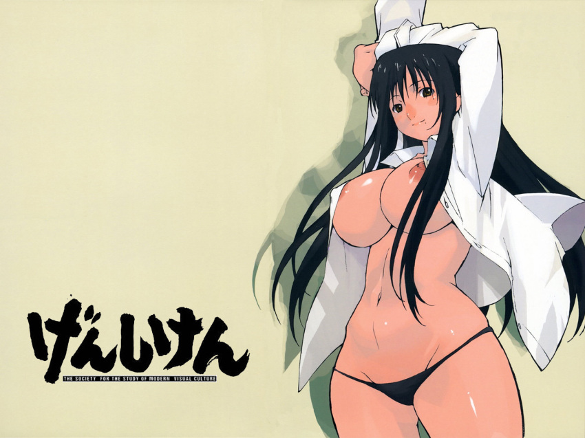 1girls bb black_eyes black_hair breasts clothing dress_shirt erect_nipples female genshiken highres hips huge_breasts large_breasts long_hair mole mole_under_eye mole_under_mouth mound_of_venus nipple_slip nipples oono_kanako open_clothes open_shirt panties shirt solo underwear wallpaper wide_hips