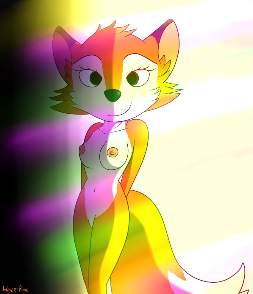 2018 anthro black_nose breasts canine darma female fox fur hi_res looking_at_viewer mammal nipples nude pussy rock_dog simple_background smile solo waver-ring