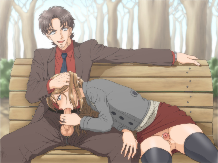 2boys blue_eyes blush brown_hair crossdressing fellatio femboy foreskin girly hand_on_head human jacket long_hair male male_only no_panties oral outside park penis skirt small_penis stockings testicles thighhighs trap tsutsumi_keisuke uncensored veins veiny_penis yaoi