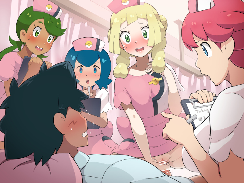 1boy 4girls alternate_hairstyle beige_penis beige_skin being_watched black_hair blonde_hair blue_eyes blue_hair blush boris_(noborhys) bottomless braids breasts censor_bar censored clipboard dark-skinned_female dress employee_uniform eyelashes faceless_male female green_eyes green_hair has_uncensored_version holding human lana_(pokemon) lillie_(pokemon) lipstick long_hair male mallow_(pokemon) mob_face multiple_girls nintendo no_panties nurse nurse_cap nurse_joy nurse_uniform on_top open_mouth penis pink_background pokemon pokemon_(anime) pokemon_sm pussy red_hair satoshi_(pokemon) sex shirt short_hair spread_legs straddling straight sweat tan_penis tan_skin teeth tongue trembling twintails vagina vaginal_penetration veins veiny_penis