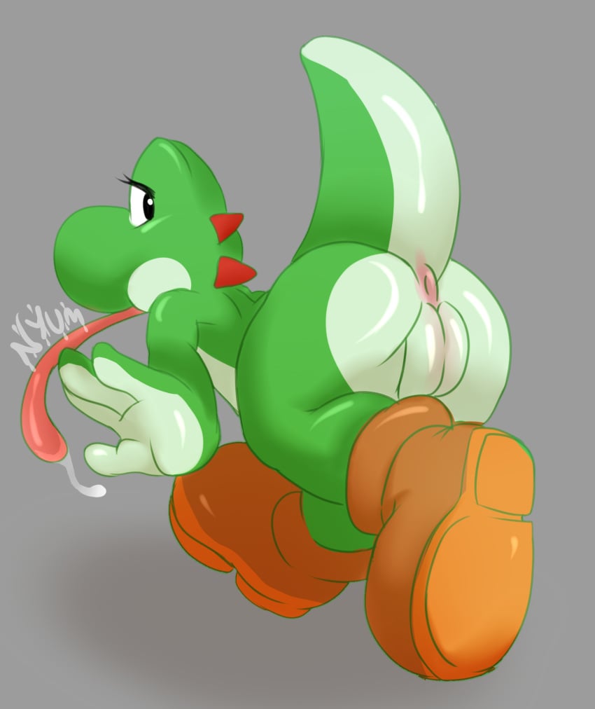 1girls animal_genitalia anus ass female female_only footwear grey_background jaynatorburudragon looking_back mario_(series) nintendo nude pussy raising_tail shoes simple_background solo standing tail tongue yoshi