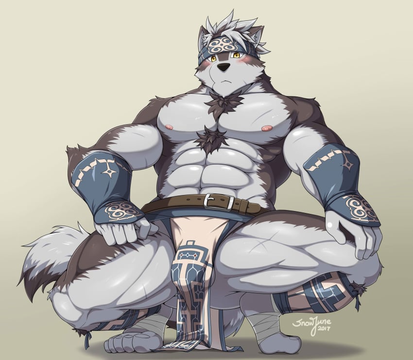 2017 5_fingers 5_toes abs absurd_res anthro balls barely_visible_genitalia blush bulge canine clothed clothing crouching front_view grey_background hi_res horkeukamui loincloth male male_only mammal muscular nipples signature simple_background snowjune solo subtle_penis toes tokyo_afterschool_summoners topless wolf yellow_eyes