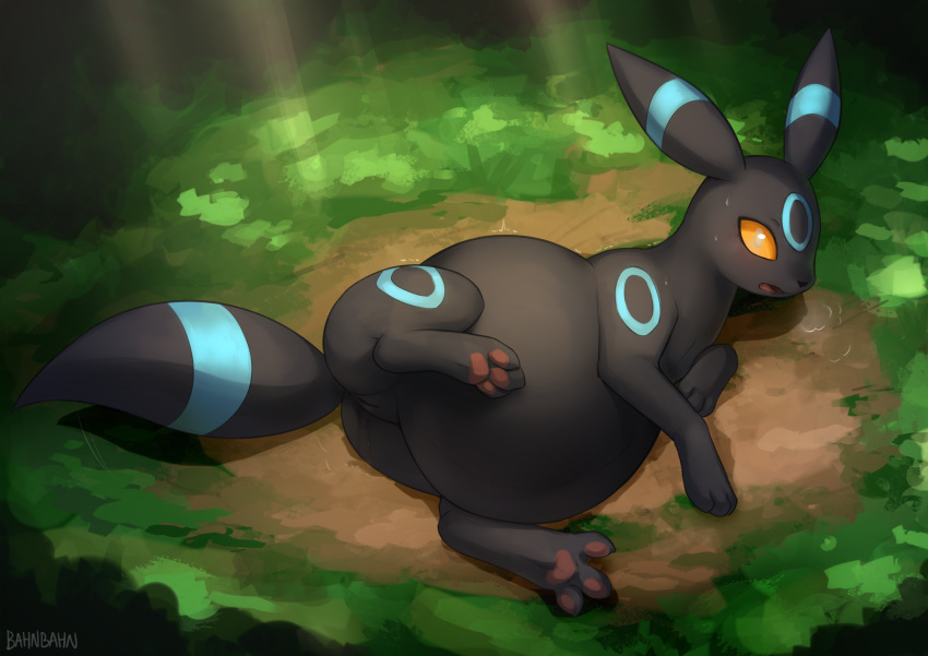 bahnbahn_(artist) black_body blue_markings eeveelution female feral genitals hi_res lying markings nintendo on_side open_mouth pawpads pokemon pokemon_(species) pregnant pregnant_female pregnant_feral pussy quadruped shiny_umbreon solo tail umbreon