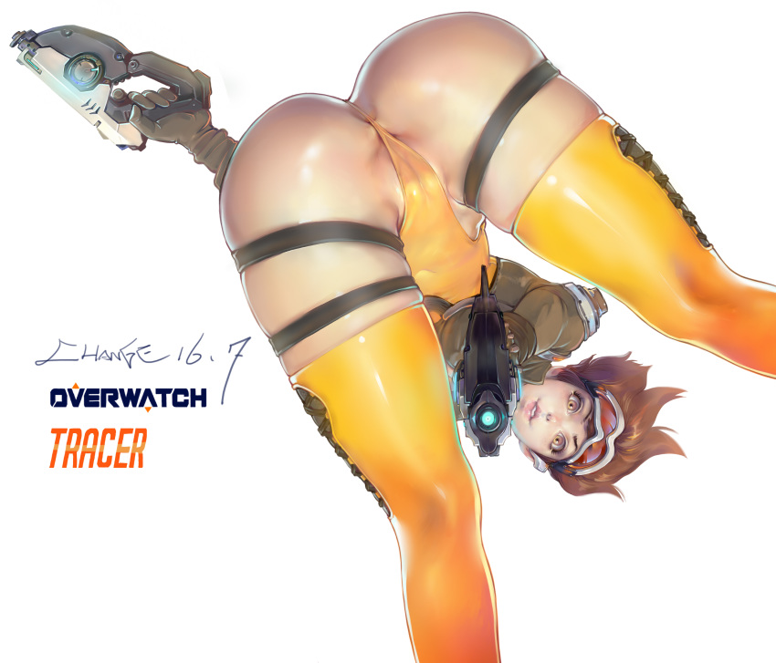 1girls 2016 anus big_ass blush bodysuit breasts brown_hair bubble_butt cameltoe change_(artist) cleavage curvy dat_ass doggy_style eyelashes female gloves overwatch pink_lips realistic short_hair skin smile solo tights tracer vagina voluptuous wide_hips yellow_eyes