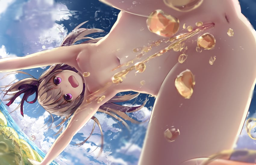 3: all_fours anus ass bangs blue_sky breasts brown_hair cloud cloudy_sky day dutch_angle eyebrows_visible_through_hair female hair_ribbon highres long_hair looking_at_viewer missile228 nipples nude ocean one_side_up open_mouth original outdoors peeing pubic_hair purple_eyes purple_ribbon pussy ribbon sky small_breasts solo uncensored water water_drop watersports