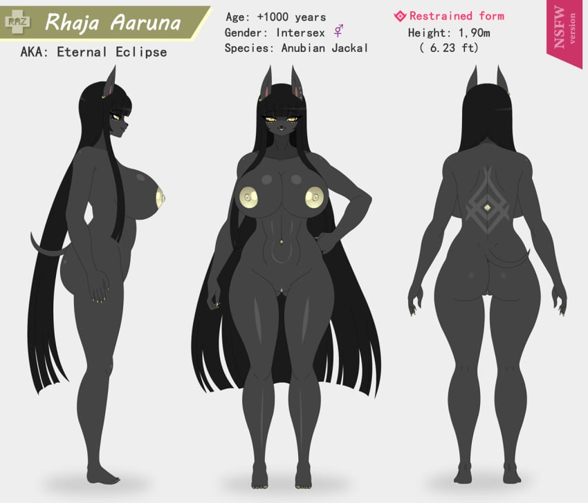 abs anthro anubian_jackal ass black_fur black_hair breasts canine fur golden_nipples hair jackal long_hair mammal model_sheet navel navel_piercing nipples nude piercing pussy razplus rhaja_aaruna tattoo