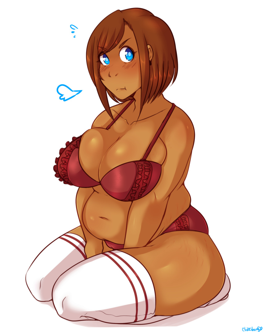 1girls bbw belly blue_eyes blush bob_cut bra breasts brown_hair brown_skin busty cameltoe chikkibug chubby clothed clothes dark-skinned_female dark_skin fat female female_only hands-free hands_between_legs heavy_breathing jane_(chikkibug) kneeling large_breasts lingerie looking_away original original_character overweight overweight_female panties plump red_bra red_panties sigh socks solo stockings stretch_marks sweatdrop tan_skin text thick_thighs thigh_highs thighhighs upset watermark white_legwear white_stockings white_thighhighs wide_hips