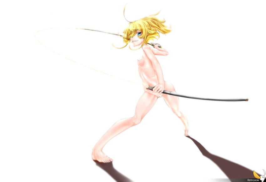 1girls blonde_hair blue_eyes canon_genderswap female female_only ferinosaki nude shadow small_breasts solo sword tanya_degurechaff uncensored weapon white_background youjo_senki