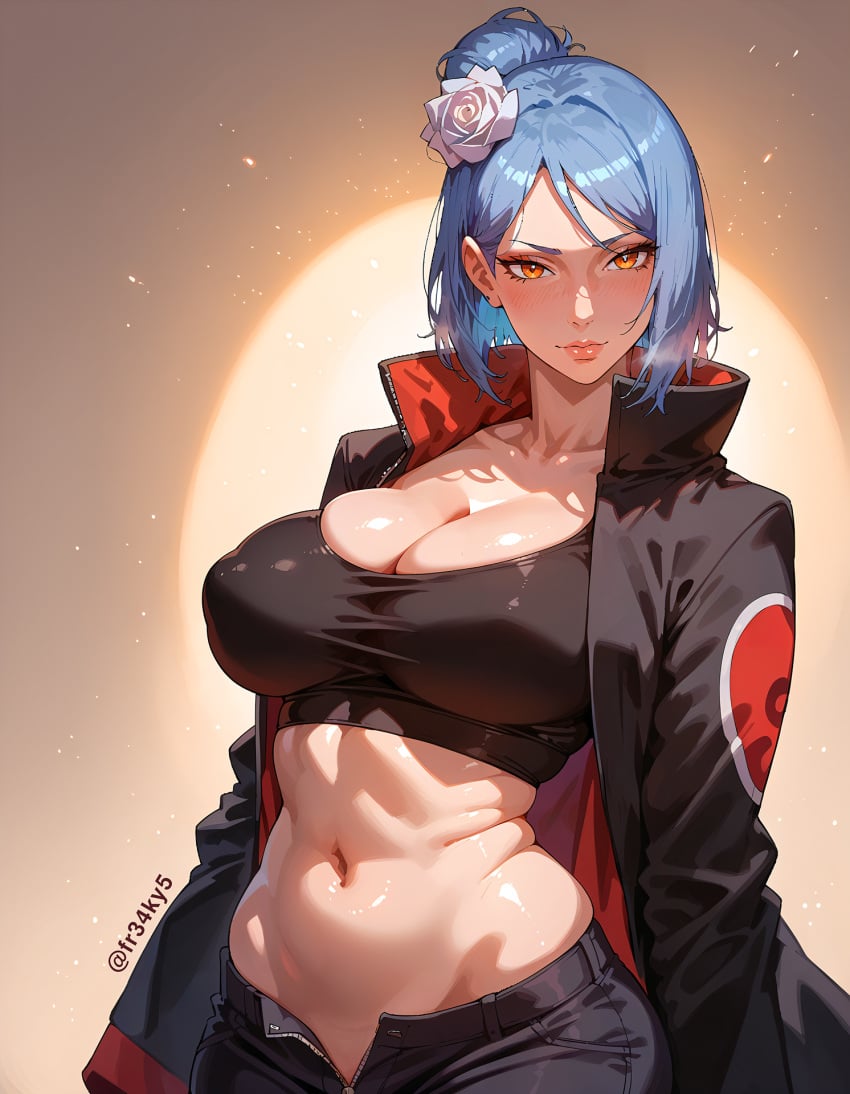 ai_generated blue_hair cleavage fr34ky hair_bun huge_breasts konan naruto unzipped