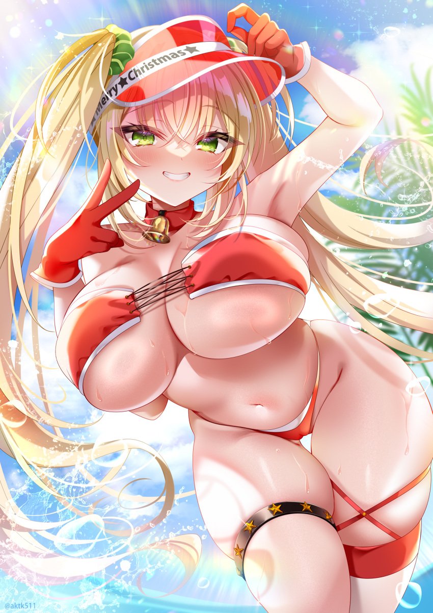 akatsuki_(aktk511) bell bikini blonde_hair blush breasts christmas female gloves green_eyes grin highres large_breasts long_hair looking_at_viewer navel original outdoors red_bikini red_gloves santa_bikini smile solo sweat swimsuit thigh_strap thighs twintails underboob