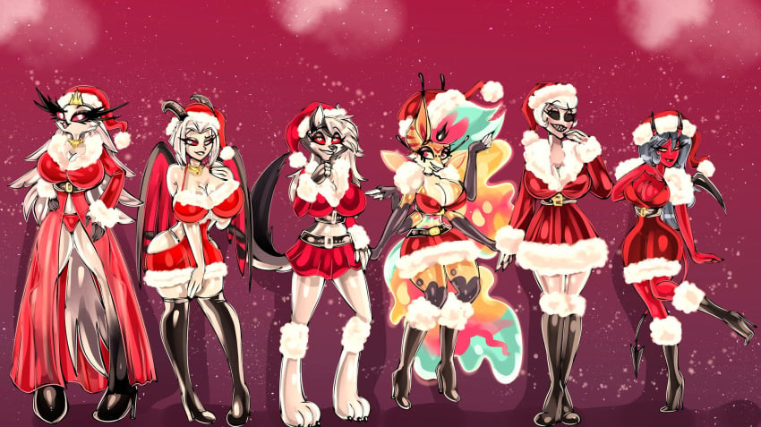 6girls angel angel_wings big_breasts bitterbunz blush christmas christmas_outfit demon demon_girl hazbin_hotel hellhound helluva_boss kiki_(helluva_boss) lingerie loona_(helluva_boss) lute_(hazbin_hotel) queen_bee-lzebub_(helluva_boss) rosie_(hazbin_hotel) smiling stella_(helluva_boss) succubus