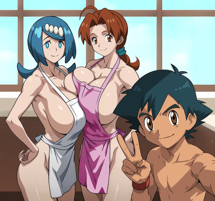 1boy 2024 2d 2d_(artwork) 2girls absurd_res age_difference apron apron_only areola black_hair blue_eyes blue_hair bracelet breasts breasts_pressed_together bright_pupils brown_eyes brown_hair cleavage creatures_(company) curvy curvy_body curvy_female curvy_figure curvy_hips delia_ketchum_(pokemon) digital_drawing_(artwork) digital_media_(artwork) freckles game_freak hand_on_own_hip highres hourglass_figure indoors jewelry lana's_mother_(pokemon) large_areolae large_breasts larger_female looking_at_viewer mature_female milf mother mother_and_son multiple_girls naked naked_apron naked_female nintendo older_female older_woman_and_younger_boy pink_apron pokemon pokemon_sm ponytail satoshi_(pokemon) seductive selfie short_hair smile son v video_game_franchise video_games voluptuous voluptuous_female white_apron white_pupils younger_male yxyyxy