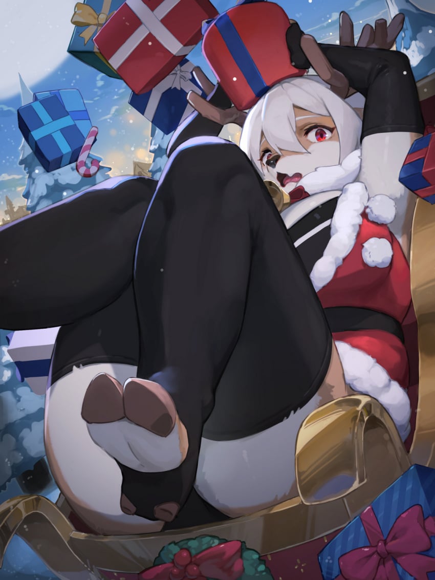 1girls anthro black_thighhighs christmas christmas_present deer detailed_background female female_only fur furry hi_res hooves horns lcshian looking_at_viewer mammal new_world_deer red_eyes reindeer santa_costume solo thick_thighs thighhighs toeless_legwear white_hair