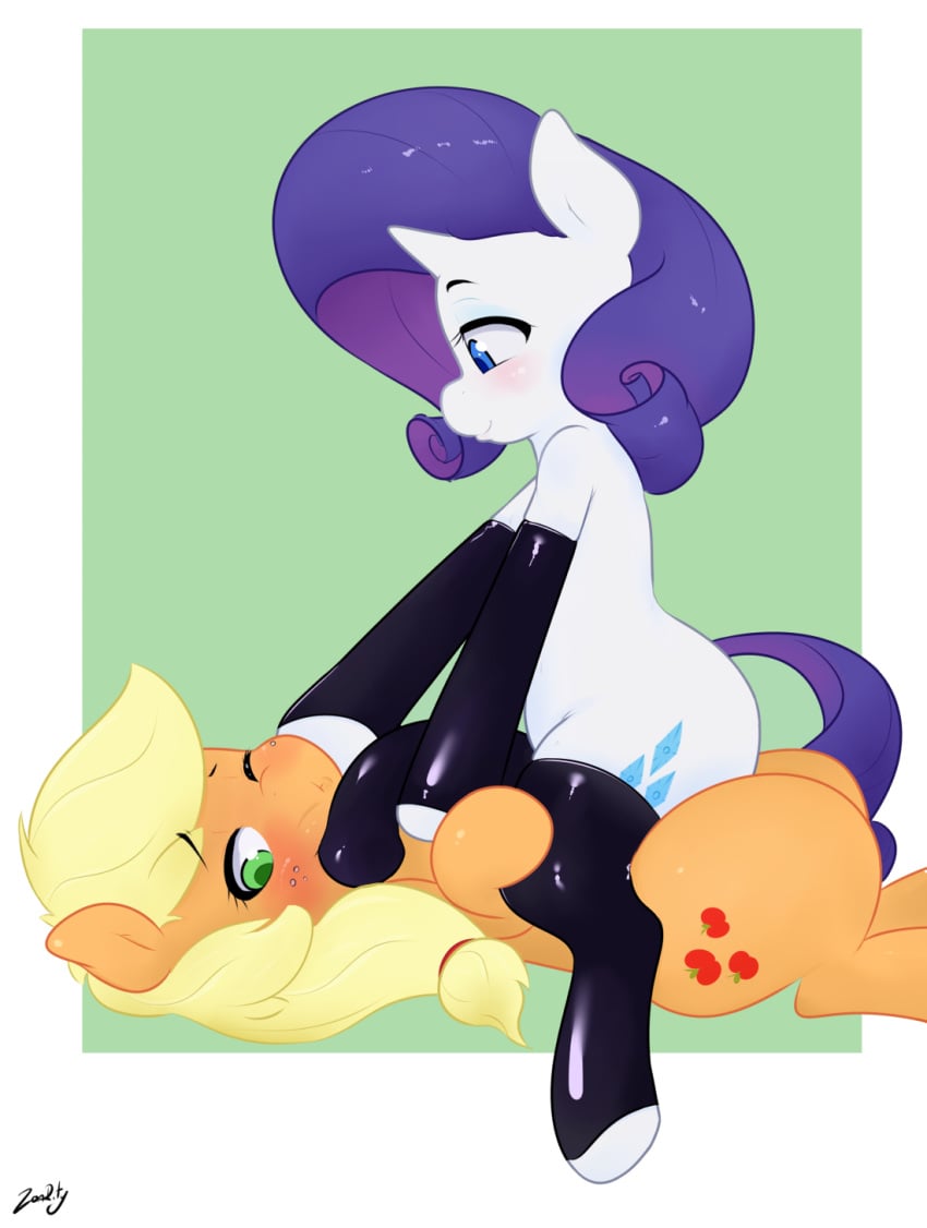 applejack_(mlp) blue_eyes blush clothing cutie_mark dickgirl duo equine female freckles friendship_is_magic green_eyes horn intersex legwear mammal my_little_pony one_eye_closed penis rarity_(mlp) rubber smooth_skin stockings unicorn wink yuri zoarity