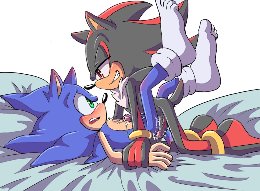 2boys anal angelofhapiness anthro arm_grab bed blush duo erection furry gay hedgehog highres legs_up male mammal nude on_bed penis pinned rape_face shadow_the_hedgehog side_view smile smirk socks sonadow sonic_(series) sonic_the_hedgehog thighhighs yaoi