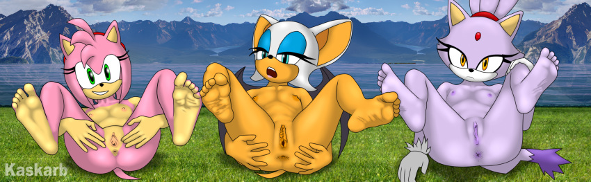 3girls amy_rose anthro anus ass blaze_the_cat blue_eyes breasts green_eyes kaskarb multiple_girls nipples nude rouge_the_bat smiling soles sonic_(series) tail toes vagina wings yellow_eyes