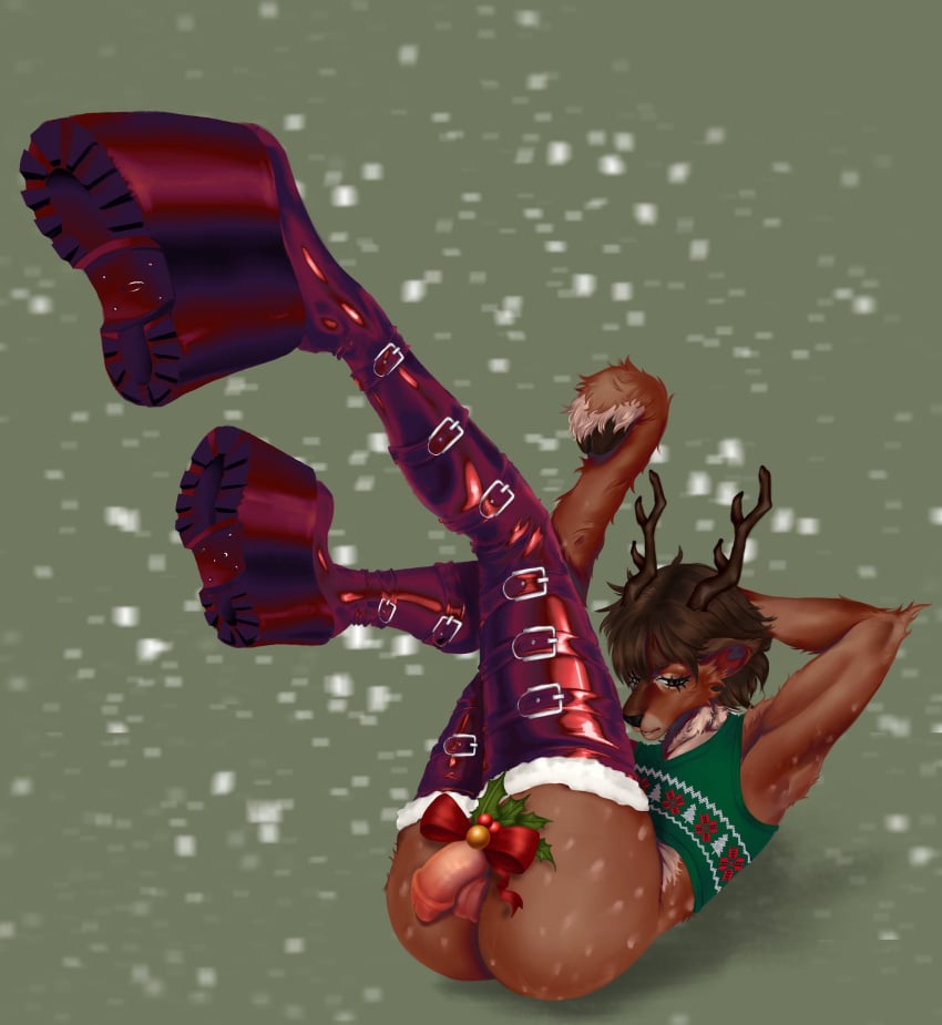 anthro ass ass_focus balls boots brown_hair cheassyring christmas christmas_outfit deer digital_drawing_(artwork) digital_media_(artwork) eyelashes furry hi_res high_heels hooves horns latex latex_boots mistletoe pink_penis red_shoes reindeer small_penis snow soles solo vest