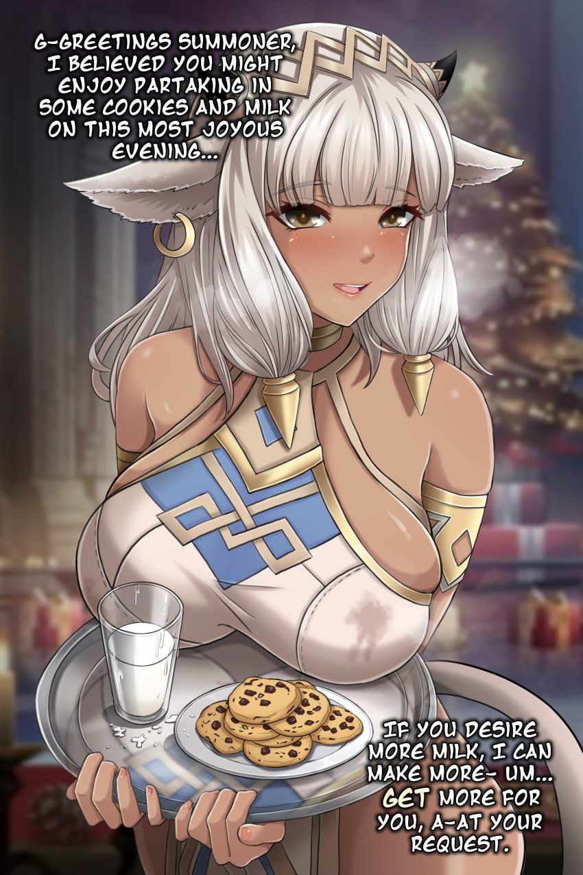 1girls animal_ears ash_(fire_emblem) blush brown_eyes christmas cookie cow_ears cow_girl cow_horns cow_tail dark-skinned_female dark_skin earrings english_text fire_emblem fire_emblem_heroes grey_hair heavy_breathing horns indoors lactation large_breasts looking_at_viewer milk milk_and_cookies nintendo nirainini tail talking_to_viewer text