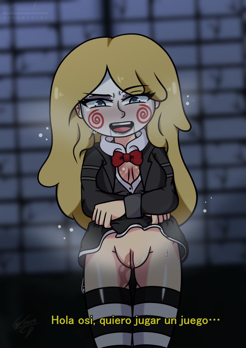 1girls blonde_female blonde_hair blonde_hair_female blue_eyes carmine_ink custom_character fnafhs fnafhsrule34 halloween joy_(fnafhs) showing_pussy socks spanish_text stripped_socks