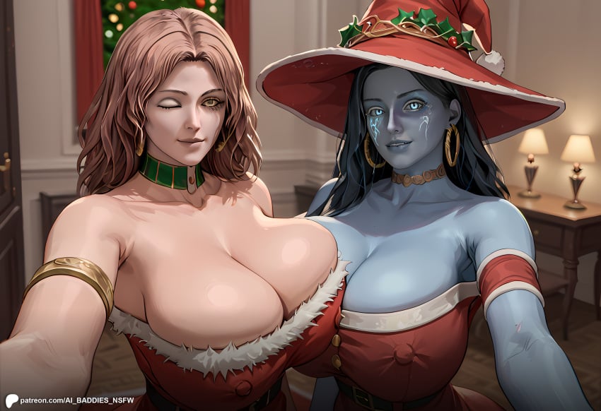 2girls ai_assisted ai_baddies ai_generated auburn_hair blue_body blue_eyes blue_hair blue_skin caucasian caucasian_female christmas christmas_outfit christmas_tree cowboy_shot curvaceous curvy curvy_figure dark_souls elden_ring fromsoftware gift holidays huge_breasts inside large_breasts light-skinned_female light_skin looking_at_viewer melina_(elden_ring) patreon patreon_link patreon_logo patreon_url patreon_username ranni_the_witch red_hair santa_hat selfie smiling_at_viewer smirk thick voluptuous voluptuous_female witch witch_hat yellow_eyes