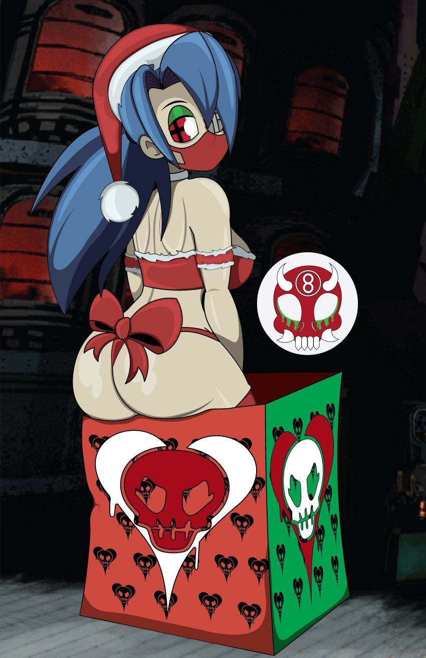 8ball9615 big_ass big_breasts blue_hair christmas christmas_headwear christmas_outfit gift_box gift_wrapped pale-skinned_female red_eyes skullgirls thong valentine_(skullgirls)