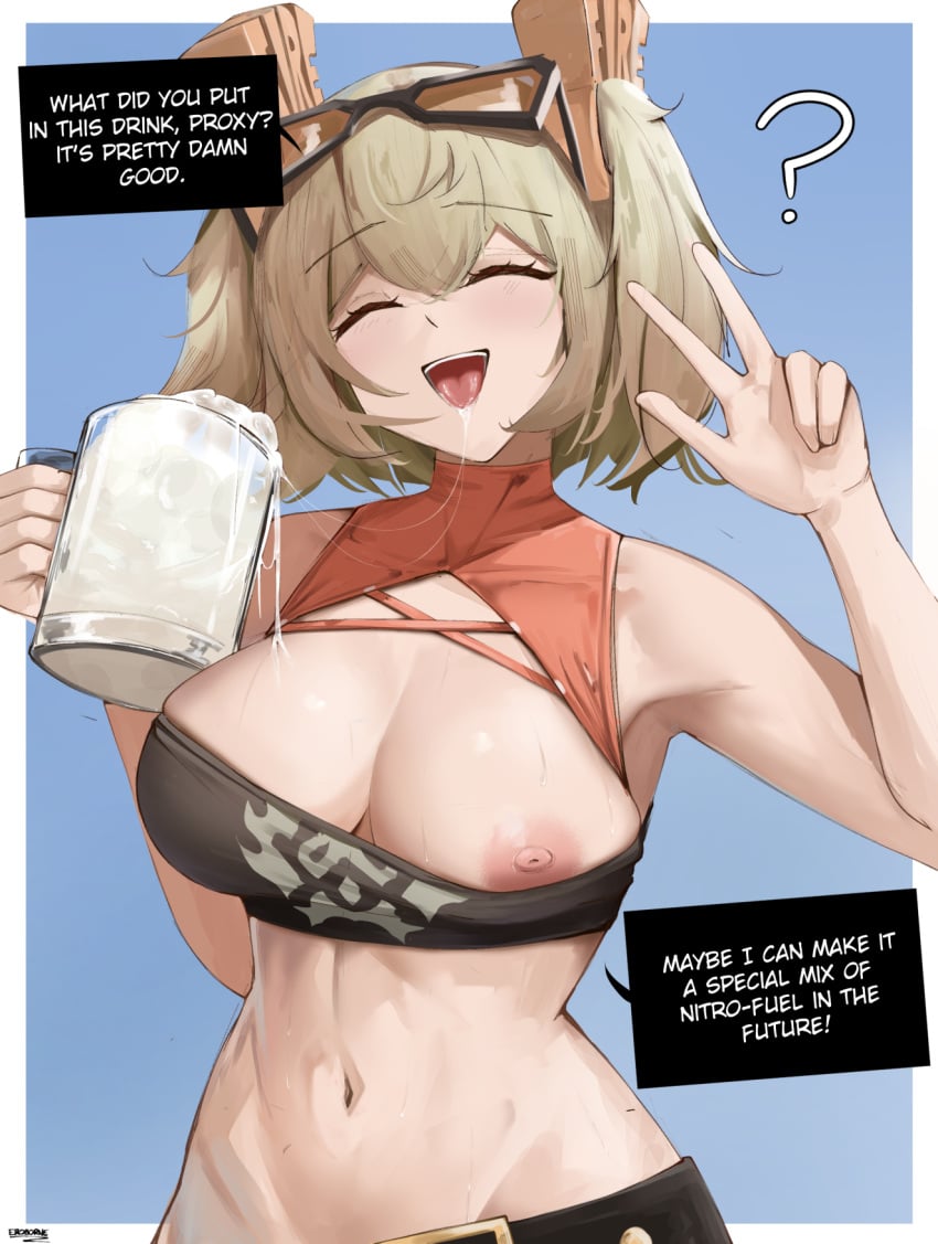 1girls areolae bare_midriff blonde_hair breasts burnice_white closed_eyes cum_in_container cum_in_glass drinking drinking_cum eroborne eyewear_on_head female female_only gokkun hips light-skinned_female light-skinned_male light_skin midriff mug navel nipples one_breast_out open_mouth solo sunglasses_on_head twintails v_sign zenless_zone_zero