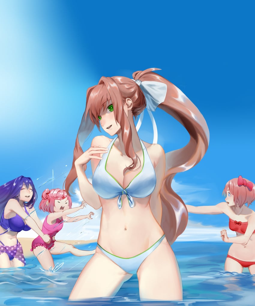 4females 4girls beach big_breasts bikini bikini_bottom bikini_top bow breasts cleavage doki_doki_literature_club female female_focus green_eyes hair_bow hairbow in_water long_hair monika_(doki_doki_literature_club) natsuki_(doki_doki_literature_club) ora_ozen purple_hair red_bow red_hair_bow red_hairbow sayori_(doki_doki_literature_club) strawberry_blonde_hair swimsuit swimwear thighs water yuri_(doki_doki_literature_club)