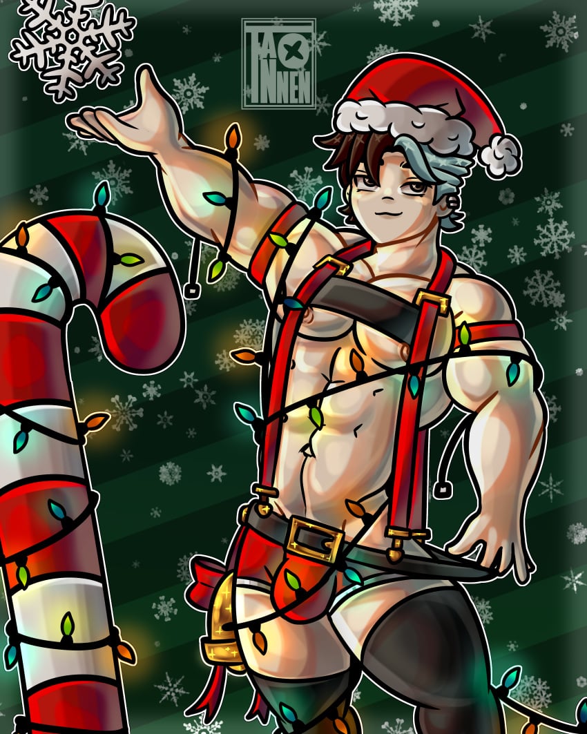 bara christmas christmas_outfit muscle muscles no_visible_genitalia original_character toony_face