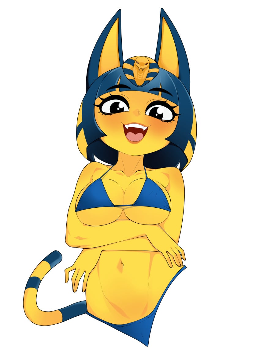 1girls animal_crossing ankha anoneysnufftan anthro anthro_only bikini blue_hair bust_portrait egyptian egyptian_headdress feline female female_only furry furry_only nintendo smile solo swimsuit tail transparent_background upper_body waist_up yellow_body