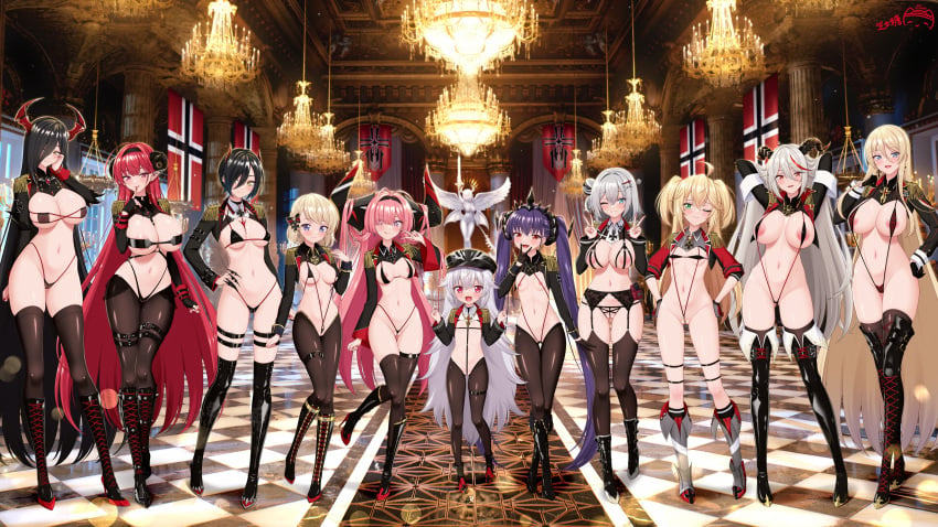 6+girls :q absurdres admiral_hipper_(azur_lane) aegir_(azur_lane) ahoge aiguillette alternate_costume areola_slip azur_lane bat_wings belt bikini bismarck_(azur_lane) bismarck_(coat_of_arms) black_belt black_bikini black_bra black_choker black_footwear black_garter_belt black_gloves black_hair black_hairband black_hat black_horns black_pantyhose black_shrug black_skirt blonde_hair blue_eyes boots bra breasts brown_thighhighs ceiling_light chandelier checkered_floor chinese_commentary choker claw_ring cleavage commentary_request contrapposto covered_nipples cross cross-laced_footwear cross_earrings crotchless crotchless_pantyhose cupless_bra curled_horns demon_horns double_v ear_ornament ear_piercing earrings epaulettes felix_schultz_(azur_lane) finger_to_mouth fingerless_gloves fishnet_bikini flat_chest friedrich_der_grosse_(azur_lane) full_body garter_belt gem gloves gold_trim green_eyes grey_footwear grey_hair hair_between_eyes hair_on_horn hair_ornament hair_over_one_eye hair_ribbon hairband half_gloves hand_on_own_cheek hand_on_own_face hand_on_own_hip hands_on_own_hips hat high_heel_boots high_heels highleg highleg_bikini highres hindenburg_(azur_lane) horns huge_breasts huge_horns indoors iron_blood_(emblem) iron_cross jade_(azur_lane) jewelry knee_boots large_breasts leg_tattoo leg_up light_smile long_hair long_hair_between_eyes long_sleeves looking_at_viewer mechanical_horns medium_breasts medium_hair mole mole_under_eye multicolored_hair multicolored_horns multiple_girls nail_polish navel nipples o-ring o-ring_thigh_strap one_eye_closed open_mouth pantyhose peaked_cap pearl_thong piercing pink_hair pointy_ears ppshex prinz_rupprecht_(azur_lane) purple_eyes purple_hair red_eyes red_gemstone red_hair red_horns red_nails red_shrug revealing_clothes ribbon see-through_bikini see-through_clothes short_hair showgirl_skirt shrug_(clothing) skindentation skirt slingshot_swimsuit slit_pupils small_breasts smile spiked_choker spikes standing standing_on_one_leg stiletto_heels streaked_hair swimsuit sword_hair_ornament tattoo teeth thigh_belt thigh_boots thigh_strap thighhighs thighhighs_under_boots tongue tongue_out twintails two-tone_hair two-tone_horns ulrich_von_hutten_(azur_lane) underwear upper_teeth_only v very_long_hair white_hair wing_collar wings x_hair_ornament yellow_eyes z23_(azur_lane) zeppy_(azur_lane)